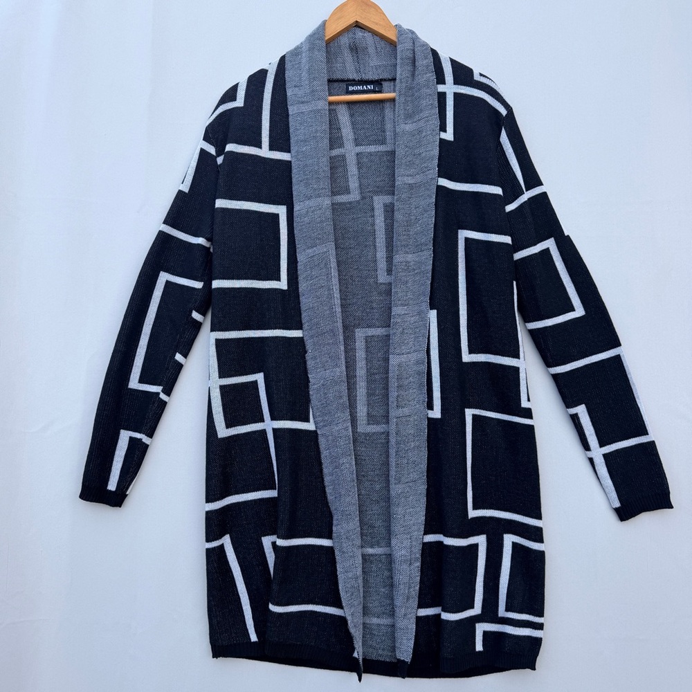 Domani Black and White Geometric Open-Front Cardigan size‎ Large